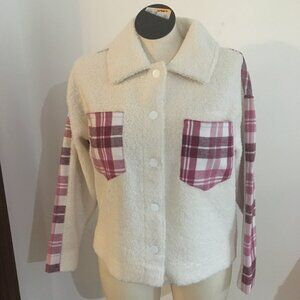 Flannel and Faux Sheepskin Button Up Jacket Pink Plaid Size Medium NWT